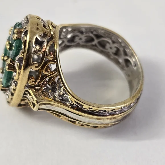 Sterling Silver 925 Intricate Green and Gold Ring with Emerald Cluster - Picture 3 of 7